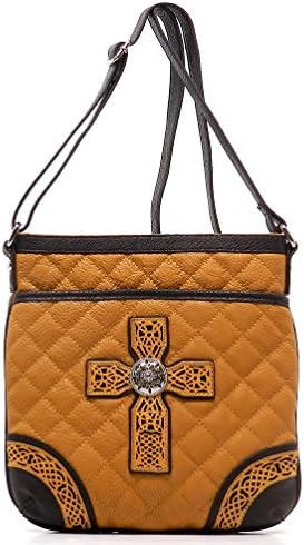 Western Style Laser Cut Cross Quilted Cross Body Bag Messenger Bag Purse [Mustard]