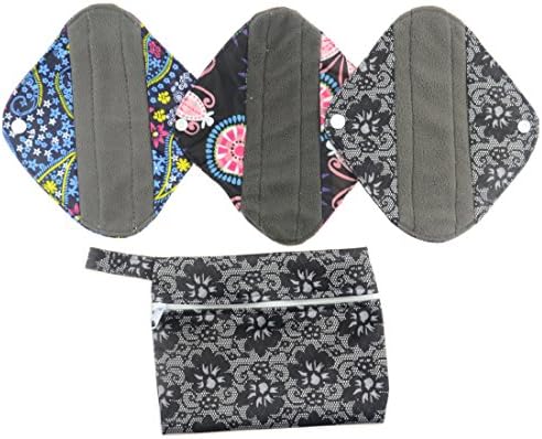Charcoal Bamboo Reusable Cloth Menstrual Pad - 4pcs Set 1pc Mini Wet Bag +3pcs 8 Inch Mama Cloth/ Menstrual Pads/ Reusable Sanitary Pads / Panty Liners (style A)