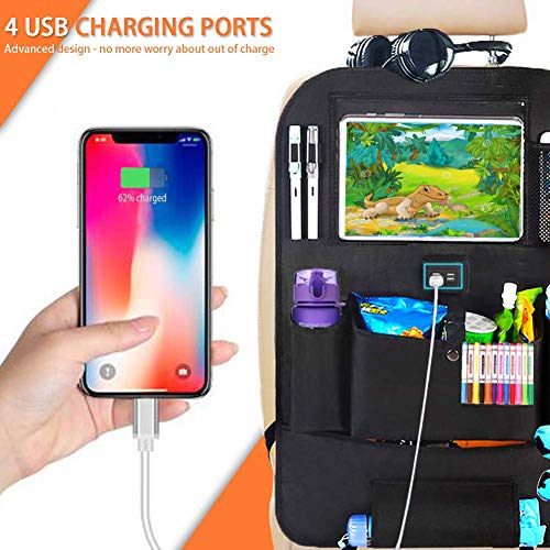 Car Backseat Organizer for Kids,Car Organizer Kick Mats Seat Back Protectors with Clear 10" Tablet Holder + 4 USB Charging Port Multi-use Storage Pockets for Baby Vehicles Travel Accessories(2 Pack)