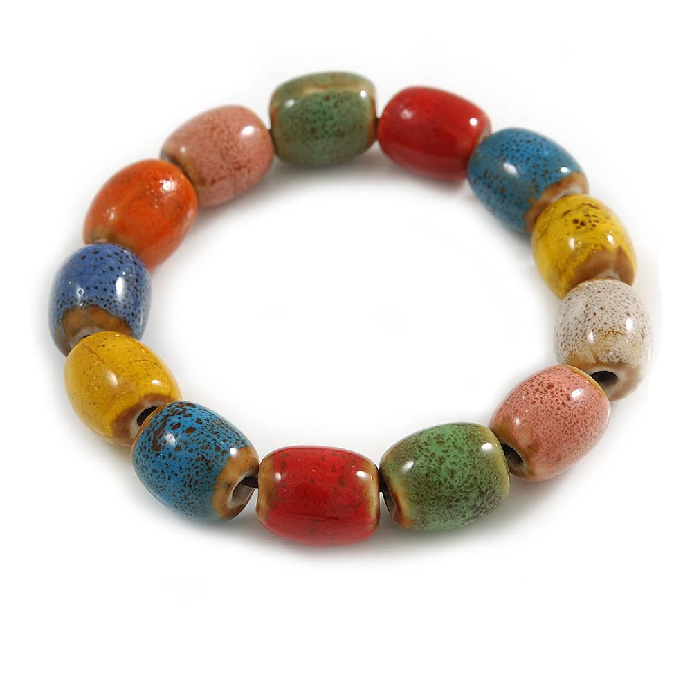 Avalaya 15mm Multicoloured Oval Ceramic Beaded Flex Bracelet - Size M