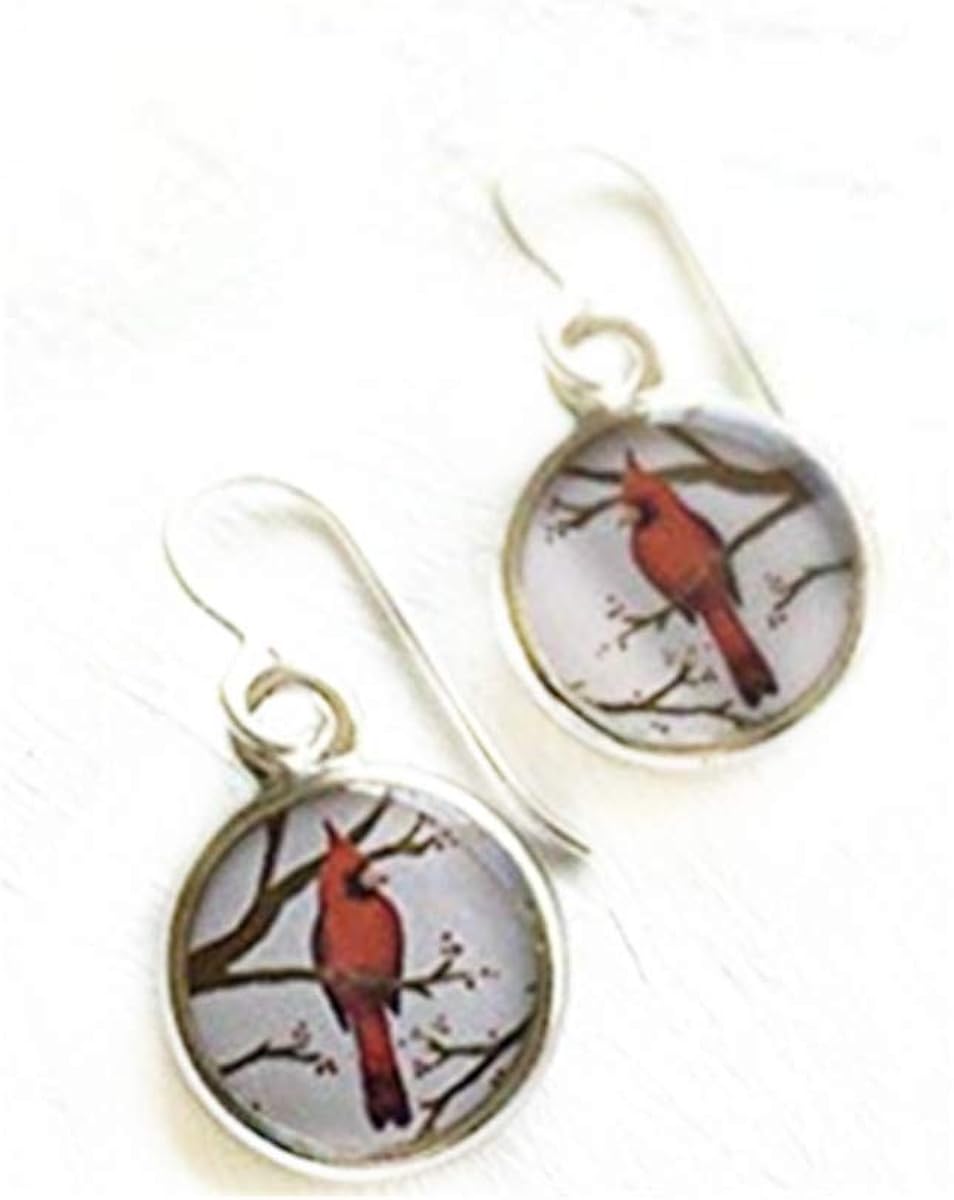 Pretty Cardinal Earrings, Cardinal Bird Jewelry, Dome glass jewelry