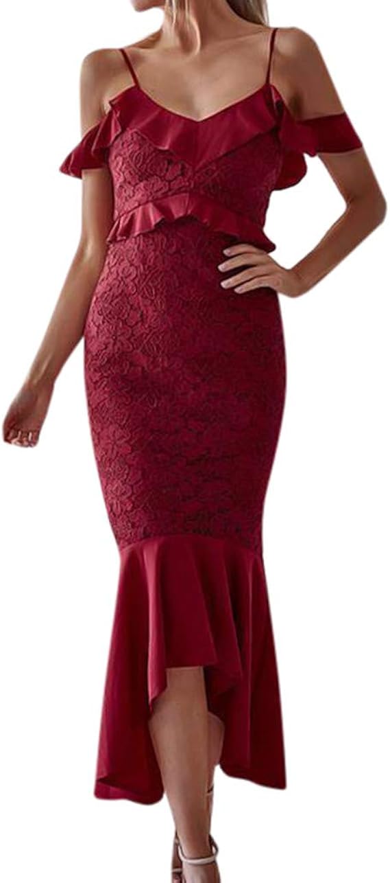 Amazon Yumiki レディース レトロ ワンピース ロング丈 レース エレガント ワンピ ドレス フレアスカート 洋服 無地 結婚式 パーティー ドレス 披露宴 M レッド ワンピース チュニック 通販