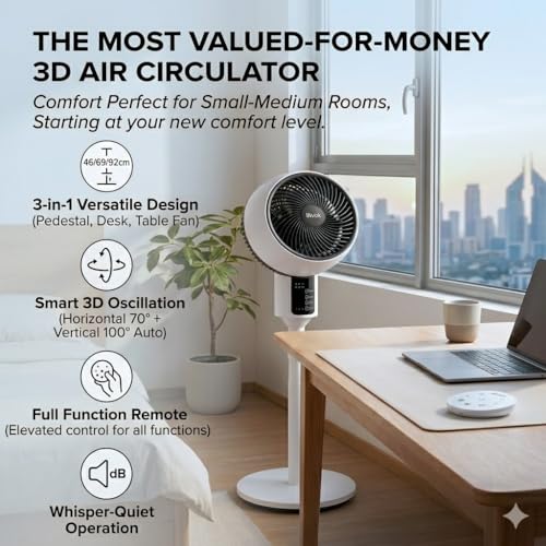 Pedestal Air Circulator Fan with Remote Control, Smart 3D Oscillation Cooling Fan for Bedroom Home Office, 3 Speeds, 7.5H Timer, 46 to 92cm 3-Way Adjustable Height Table Standing Fan, White