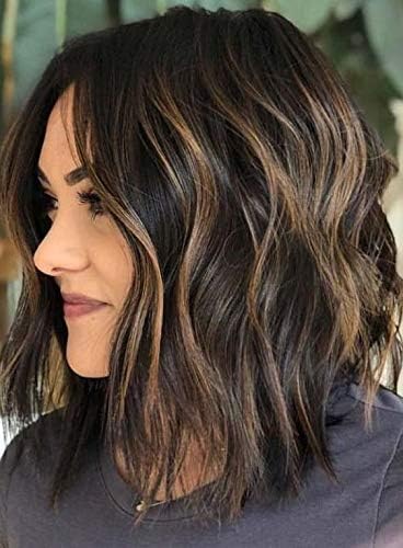 Moresoo 14 Inch Color #1B Highlights with #6 Medium Brown Short Wigs for Black Women Human Hair Lace Front Wig BoB Human Hair 130% Density Wavy Wig
