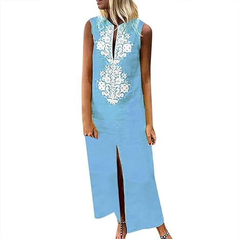 IZZB Mode Damen Sommer Partykleid Bedruckter ärmelloser Maxikleid mit Oansatz und langem Saum und langem Saum Freizeitkleid A