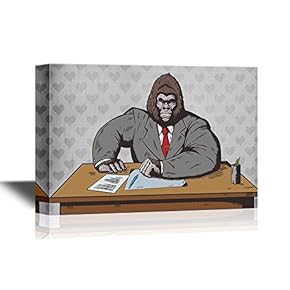 Suits Canvas Wall Art - Gorilla in Suit at Desk - Gallery Wrap Modern Home Art | Ready to Hang - 12x18 inches