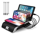 Charging Station for Multiple Devices, Burns Electronics Docking Station with Qi Wireless Charging Pad, Smart IC Technology for Smartphones, Tablets, Watches, USB Type-C, Multi Port Desktop Organizer