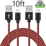 ONSON iPhone Cable,2Pack 10FT Extra Long Nylon Braided Cord Lightning Cable Certified to USB Charging iPhone Charger for iPhone 7/7 Plus/6S/6 Plus,SE/5S/5,iPad,iPod Nano 7 (Black Red,10FT)