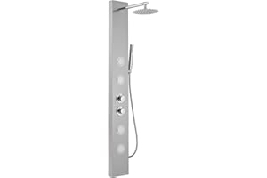 Bathfinesse Stainless Steel Shower Panel Tower System with 4 Body Jets Massage Adjustable Round Shower Head 8 Inch, Shower Column Wall Mount, Brushed Nickel and Chrome