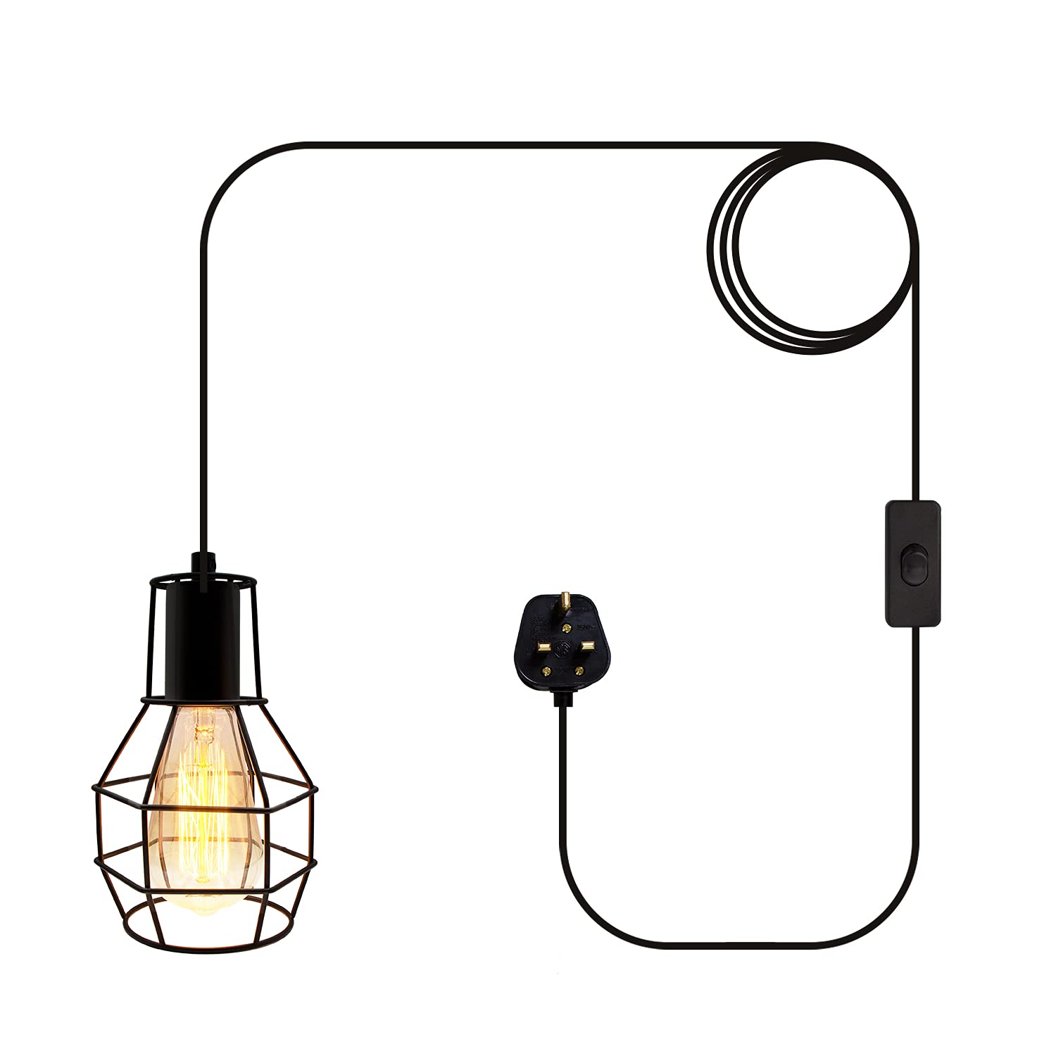 Plug in Pendant Light Fitting, Black Ceiling Light Industrial Hanging Lights, Metal Hanging Light with Plug 600cm Cable Cord/Switch, for Kitchen Hallway Bedroom Loft Garage(Without Bulb)
