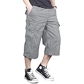 MAGNIVIT Men's Capri Long Elastic Cargo Shorts Below Knee Shorts 3/4 Cotton Cargo Casual Shorts with Multi-Pockets