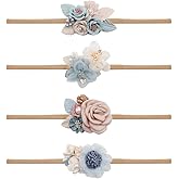 mligril Baby Girl Nylon Headbands Flower Hair Bows Accessories-Elastic Hair Band Crown Handmade FLoral Wraps Birthday Gifts for Girls Newborn Infant Toddler 4Pcs