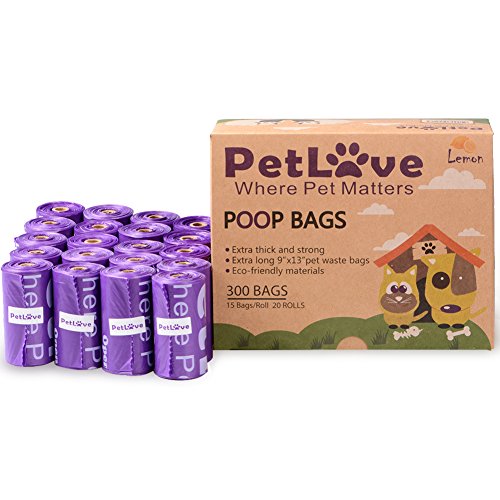 PetLove 300-Count Durable Biodegradable Environment-Friendly Dog Waste Bag, Lemon-Scented Poop Bag with EPI-Technology (15 Bags/Roll, 20 Rolls) - Purple-Lemon (NO DISPENSER INCLUDED)