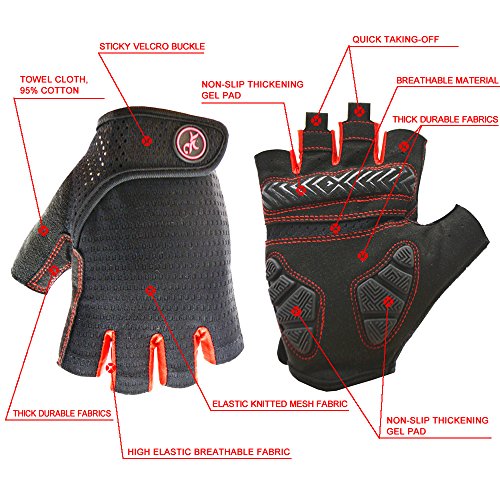 HuwaiH Bike Gloves Gel Pad Shock-absorbing | Anti-slip Outdoor Sports Riding Working Half Fingers Cycling Gloves Short Mountain Bicycle Motorcycle Gloves (Black Red, Large(Male)) - Thumbnail 2