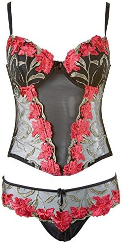 Women's Corset Red Embroidery Slim Body Cincher Bustier G-string Panties Low-cut Sexy Underwear for Women (L)
