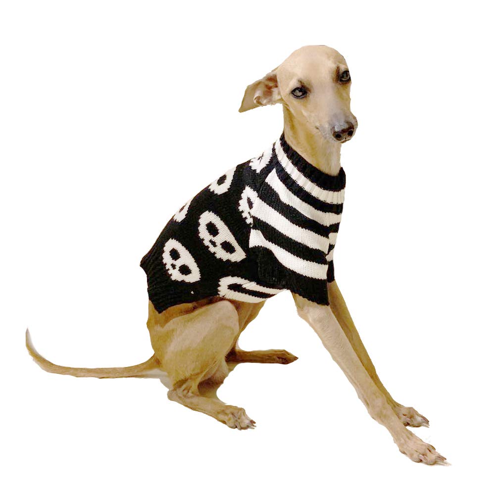 Cute Retro SMALL DOG ONLY Puppy Kitten Cat Outfit Warm Everyday Winter Halloween Goth Bad Girl Boy Jumper Clothes Pullover Wooly Knitted Sweater Apparel Hoodie Black White Stripe Skulls Medium