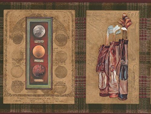 Vintage Golf Memorabillia Cups Balls Clubs Plaques Sports Brown Wallpaper Border Retro Design, Roll 15' x 7''