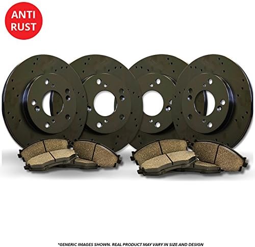 (Front+Rear Kit)(High-End) 4 Black Coated Cross-Drilled Disc Brake Rotors + 8 Ceramic Pads