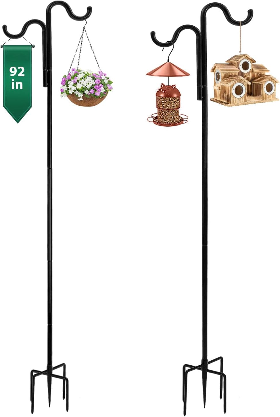 Outdoor Shepherd's Hooks - CEED4U 2 Packs 92 Inches Double Shepherds Hooks for Outdoor, Yard Hooks with 5 Prongs Base, Heavy Duty Garden Hooks Hold 40 LBS, Bird Feeder Hangers for Hummingbird Feeder, Hanging Plant, Lanterns