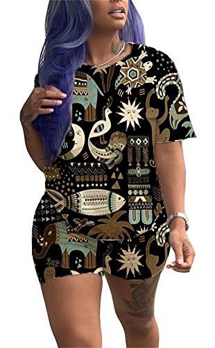 Women Summer Cool Cartoon Animal Print 2 Piece Outfits O Neck Short Sleeve T Shirt Short Leggings Beach Romper D-Black