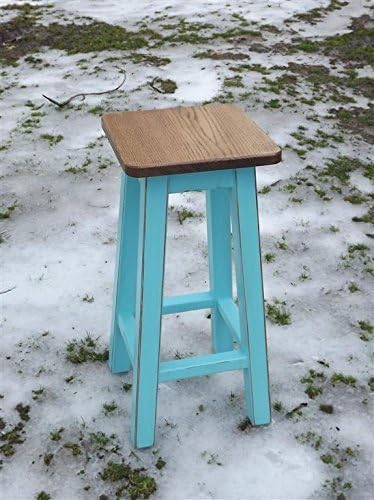 Wood bar counter stool stained top turquoise distressed base 25"-28"-30" H