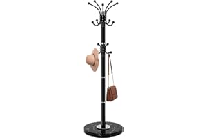 Waavryee Modern Metal Coat Rack Stand, Coat Rack Freestanding with Natural Marble Base, 360°Rotary Design Sturdy Coat Racks with 16 Hooks, White Coat Hall Tree Stand for Entryway (Black)