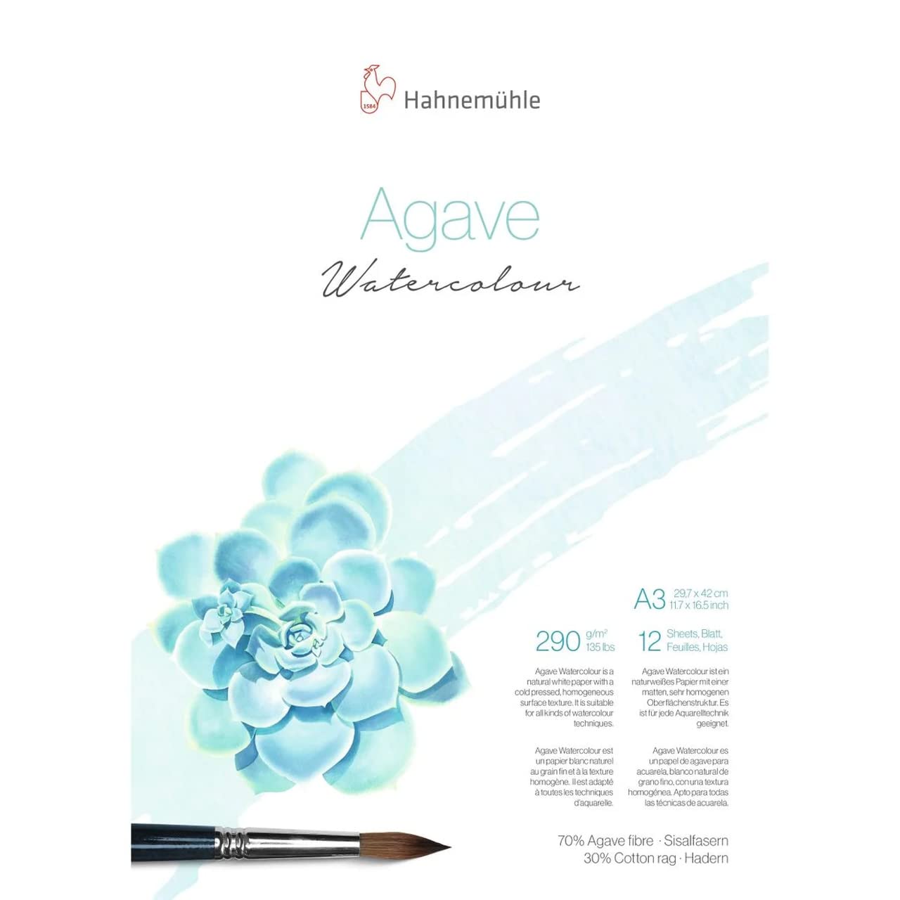 Hahnemuhle Agave Fibre 290gsm Watercolour Block - A3, 12 Sheets, NOT Surface