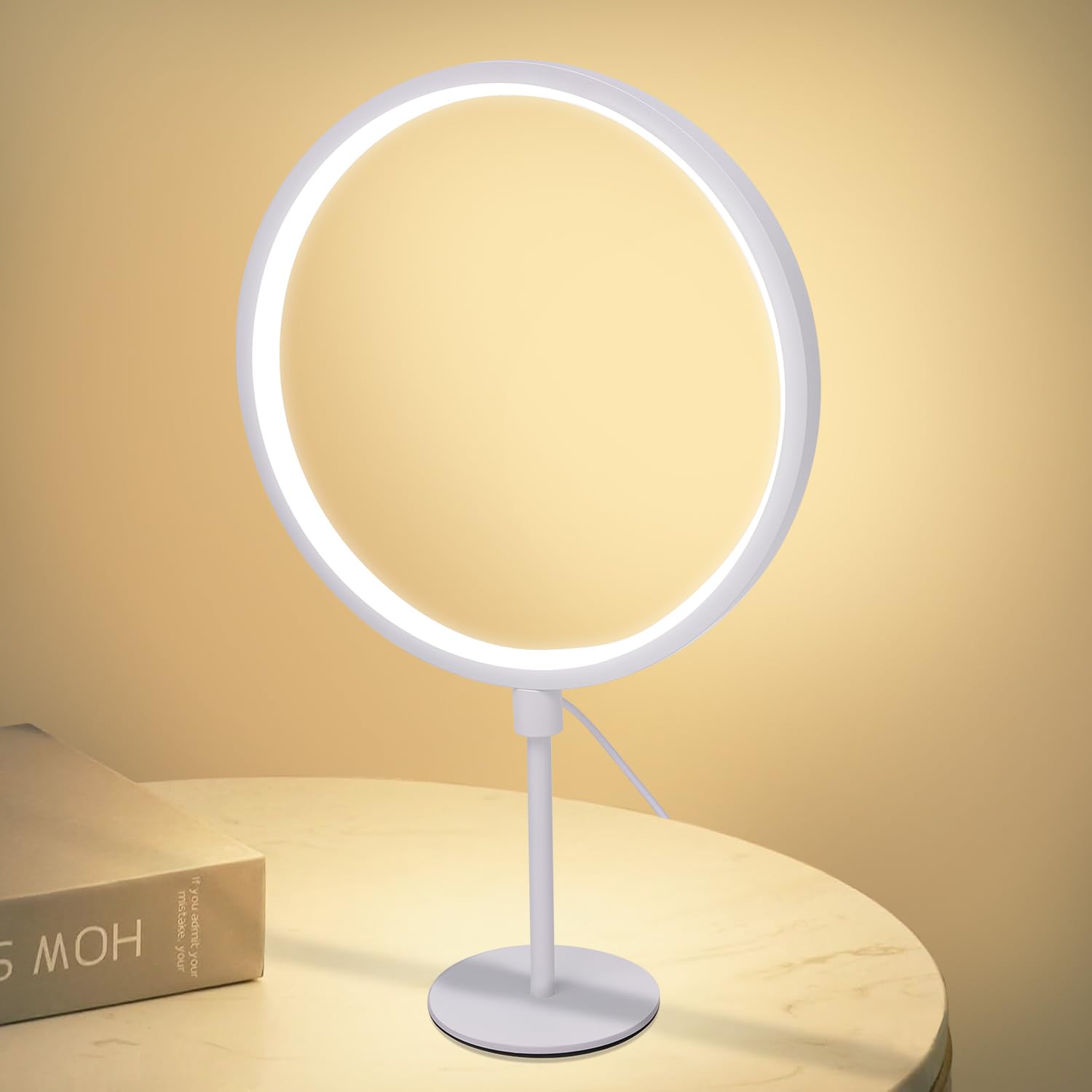 MAYTHANK Metal Bedside Lamp Dimmable,15.8"/40CM Modern Thin Table Lamp Mains Power(USB 5V 2A),Minimalist Circle Ring Circular Design, Light for for Desk Bedroom Living Room Home Office,White