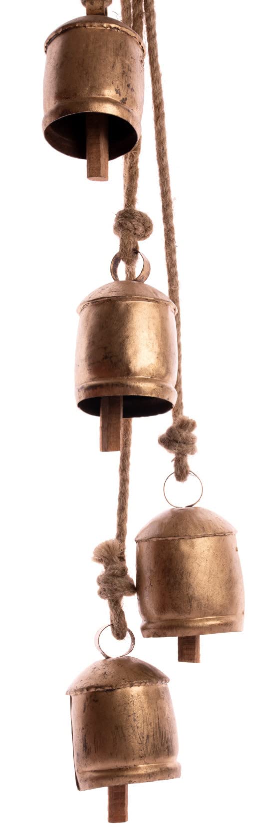 4 Large Rustic Cow Bells on Rope – Vintage Gold Bells for Fireplace, Porch or Garden – Indoor Outdoor Decor