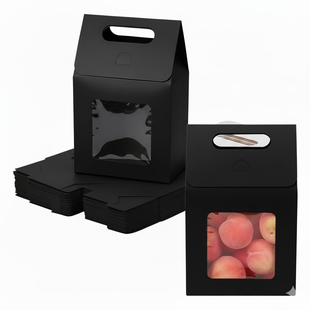 Emartbuy Kraft Window Gable Gift Box Bag with Handle – Black – Size 1 (15 × 10 × 6 cm) – Pack of 12 | Favor, Bakery, Hampers