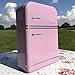 WHW Whole House Worlds Retro Refrigerator Cookie Tin, Pink, Raised Text, Silver Accents, Metal, Air Tight Lid, Food Safe, 9 3/4 H x 6 3/4 W x 2 3/4 D Inches