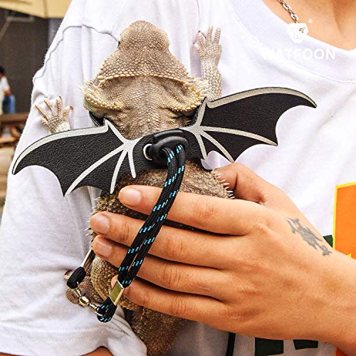 WATFOON Adjustable Bearded Dragon Lizard Comfort Leather Leash Harness with Cool Wings for Reptiles Amphibians Leopard Gecko Anole and Other Small Pet Animals (L, Blue)