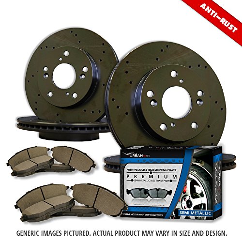 (Front+Rear Rotors + Semi-Met Pads)-Black Zinc Drill-(Fits:-2013 13 For Subaru Impreza WRX/WRX Limited)