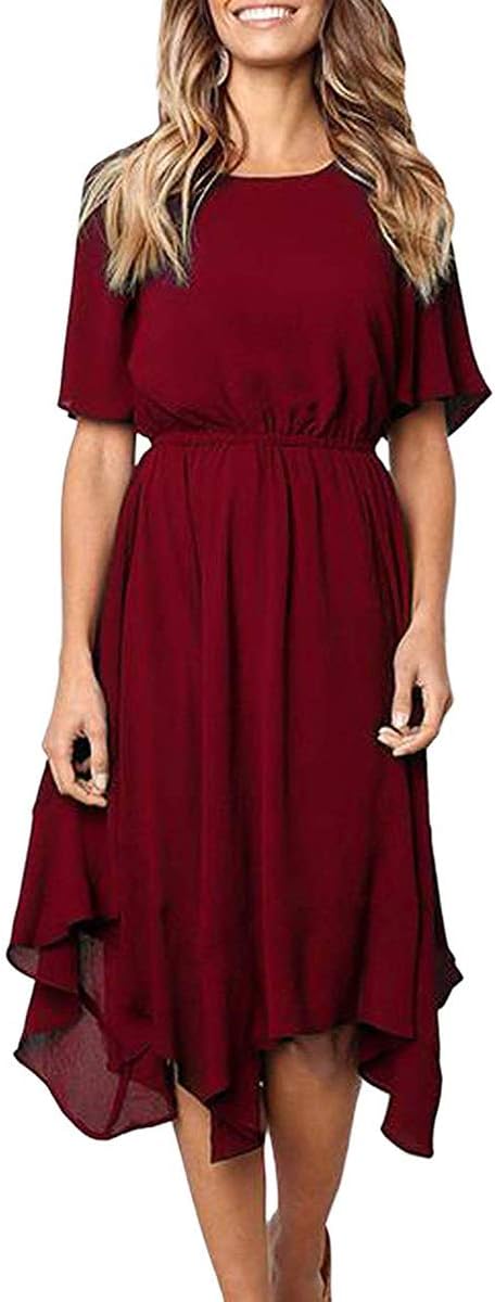 Alaster QueenAlaster Women’s Chiffon Short Sleeve Casual Midi Dress Irregular Hem Summer Dress