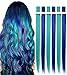 BINIHA Blue Teal Hair Extensions Colored Party Highlights Straight Hair Extension Clip In/On For girls and Dolls Kids Costume Wig Pieces 6 PCS (Blue Teal)