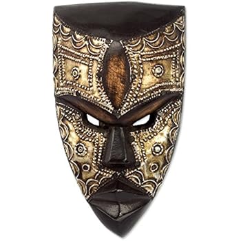 NOVICA Hand Carved Brown Wood Ghanaian Wall Mask with Aluminum Accents, Mbara Hunter'
