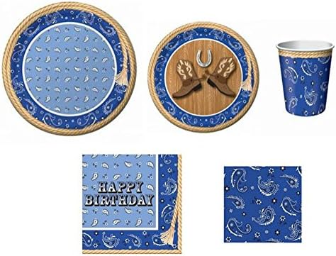 Blue Bandana Cowboy Happy Birthday Party Supplies For 8, 5-Piece Bundle