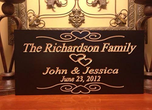 Personalized Plaque Est. Family Wooden Sign Wedding Gift Last Name Engraved Marriage with Hearts and Scroll