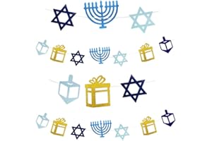 The Dreidel Company Hanukkah Glitter Garland, Menorah, Dreidel, Gift, Star of David Decoration, Party Favor (Gold)