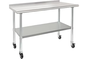 HARDURA RESTAURANT EQUIPMENT HARDURA Stainless Steel Table 24 x 48 Inches with Wheels Casters NSF Heavy Duty Commercial Prep Table with 2” Backsplash and Adjustable Undershelf for Restaurant Kitchen Home and Hotel