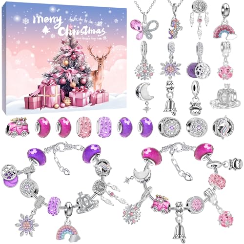 51PtdcGrAHL Adventskalender 2025 Für Mädchen - 24 Füllung Adventskalender Schmuck - Armbänder Halsketten Kreativset Weihnachten - Geschenk Für Kinder Mädchen (Rosa)