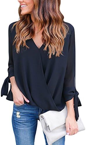 Leindr Women's Casual Loose Fit V Neck 3 4 Sleeve Side Ties Chiffon Top Front Ruched Ruffle T-shirt Blouse Black XL 18 20