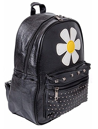 Emartbuy Black PU Leather Studded Ladies Women Girls Backpack Fashion Shoulder Zip Bag Travel Rucksack - Flower