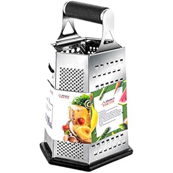Kitchen Box Grater, Stainless Steel Cheese Grater - 6 Sides Stand Grater with Rubber Handle & Base for Parmesan Cheese, Ginger, Vegetables by THETIS Home