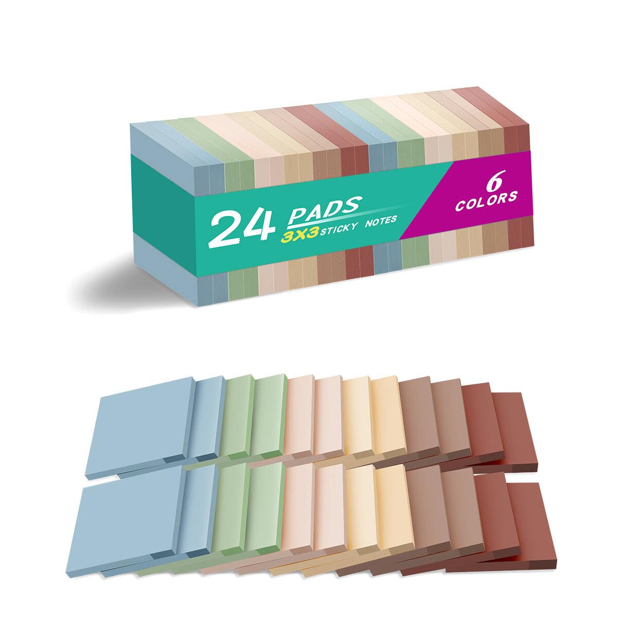 Photo 1 of (24 Pads) Sticky Notes 3x3 inch, Self-Stick Pads Vintage Colors Sticky Note, Recyclable, Easy to Post for Home, Office, Notebook