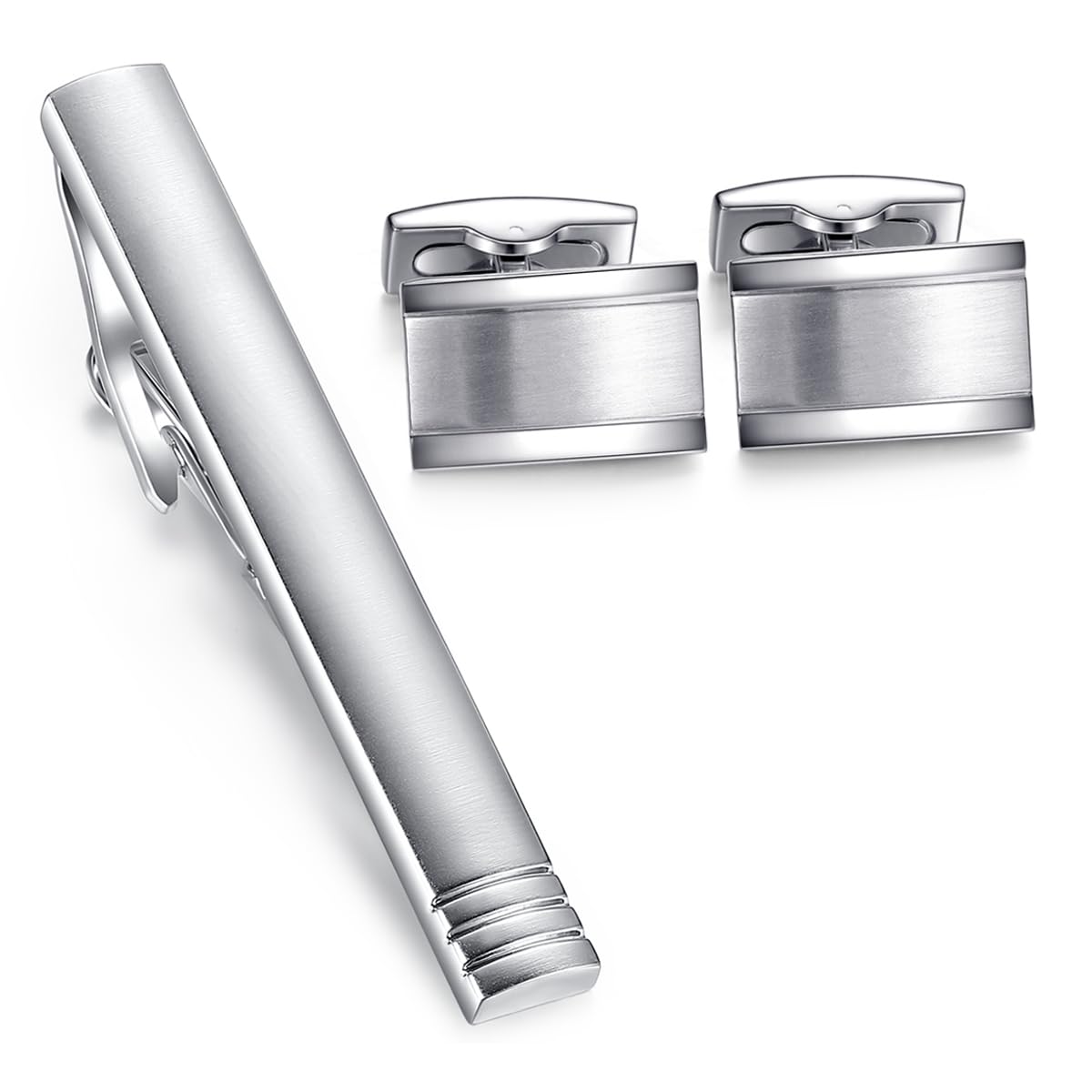 Honey Bear Cufflinks Tie Clip Set For Mens - Rectangle Silver, for Business Wedding Gift (style 1 with box)