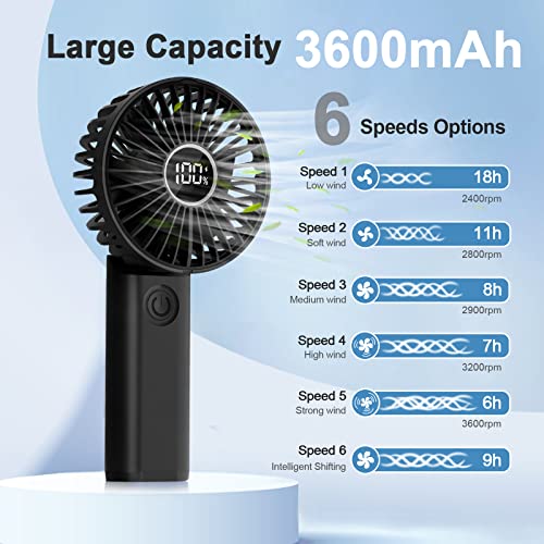 KAZATE Mini Handheld Fan 3600mAh, Portable Rechargeable Small Fan, USB Fans Portable Battery Operated 6 Speeds, Pocket Ventoinha Table Silent Battery, Folding Hand Fan Black