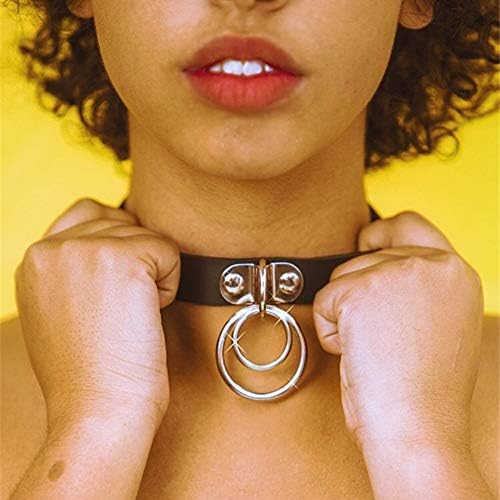TRAINER SECRET Womens Punk Rock Dual O Ring Black Leather Vintage Necklace Neckband Buckle Choker Fetish