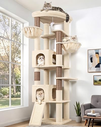 Globlazer Beige XXL Cat Tree Corner for Large Cats 204 cm with 2 Large Kennels 45 x 30 x 30 cm, Huge Platform, Sisal Board, Basket, Stable Cat Trees Indoor Rest Scratching Playing (C80, Beige)