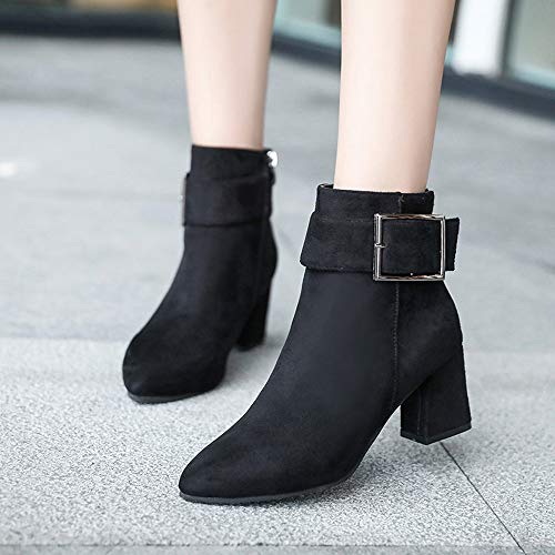 ❤Kauneus❤ Women's Faux Suede Pointed Toe Chunky Mid Heel Ankle Booties Buckle Strap and Zip Fashion High-Heeled Winter Boot Black
